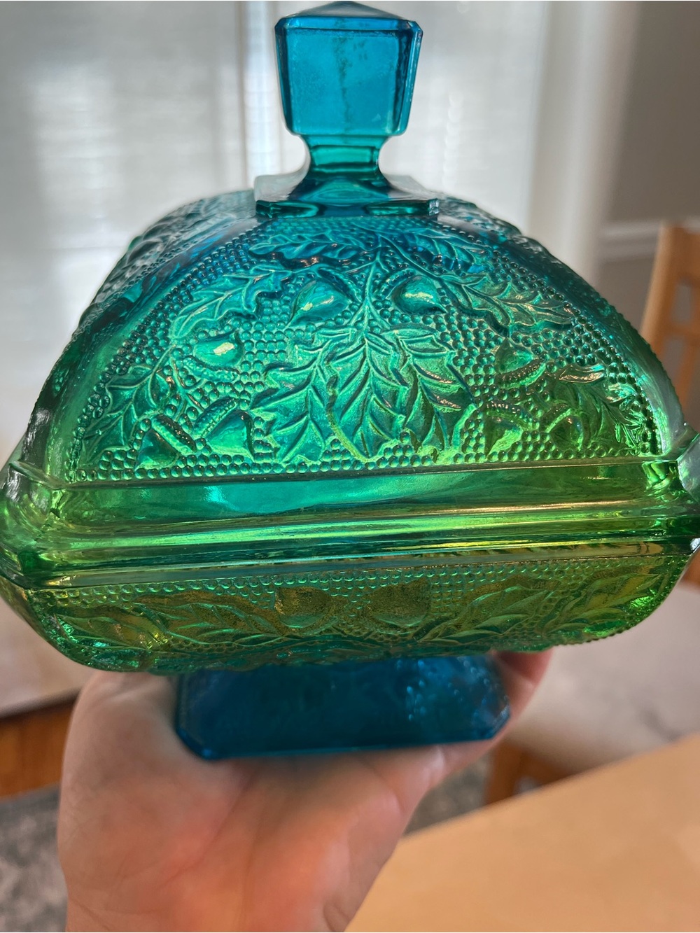 Vintage Jeanette Glass Embossed Glass Covered Pedestal Dish in Blue Green Ombre - Picture 4 of 15
